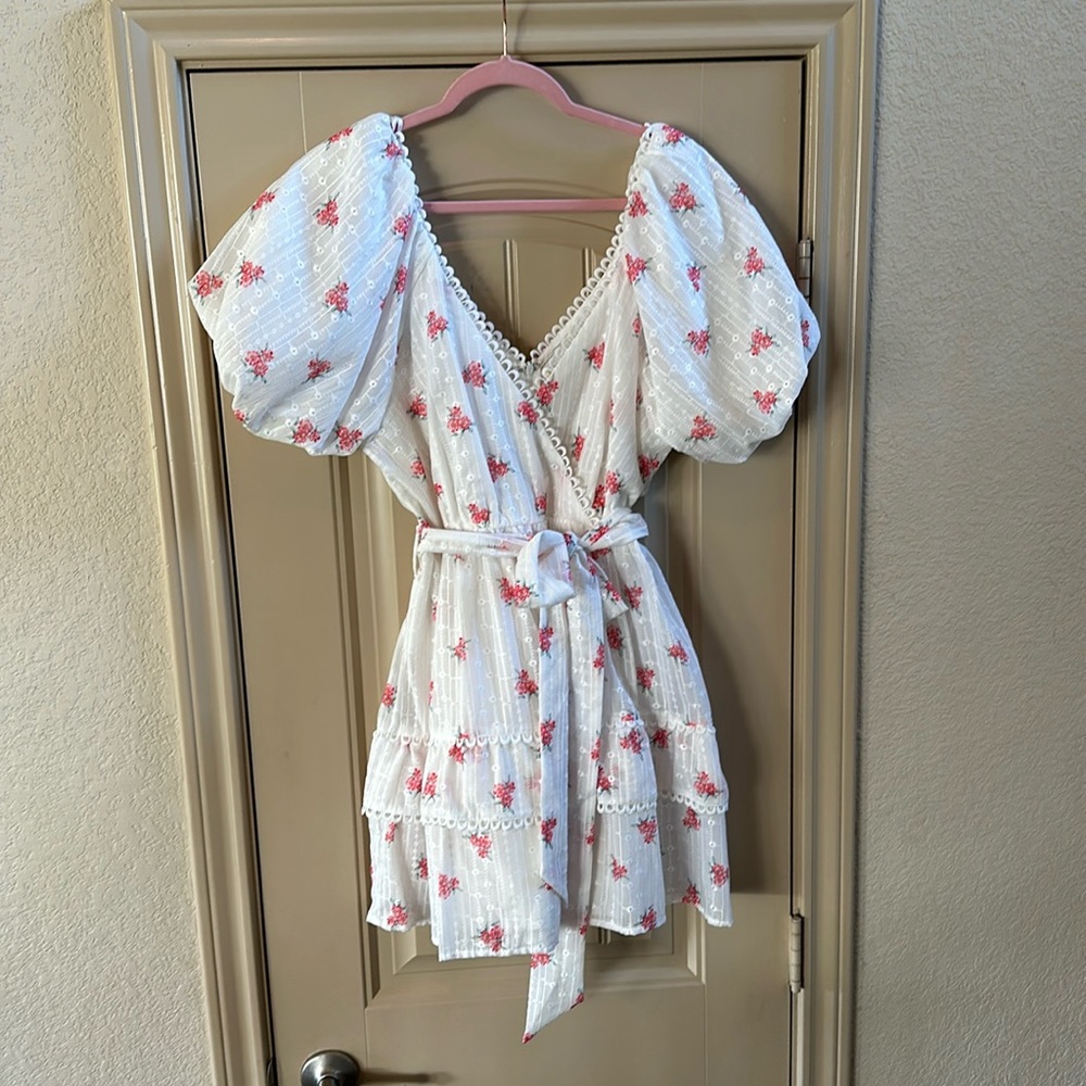 White eyelet dress with red/pink flowers.